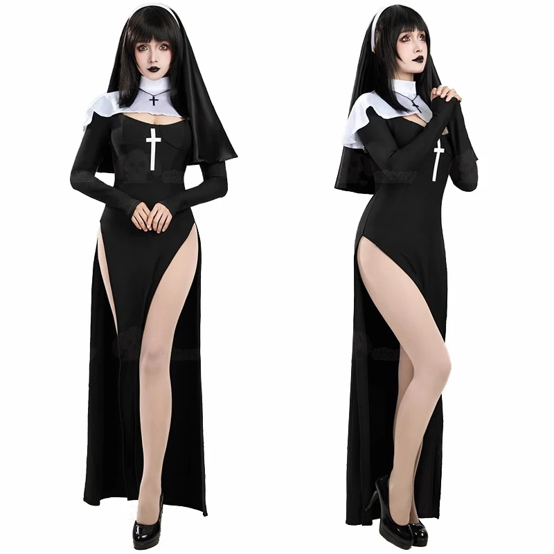 코스프레 의상 여성 섹시한 긴 소매 Balck 드레스  - Anime Cosplay Nun 리뷰 및 가격