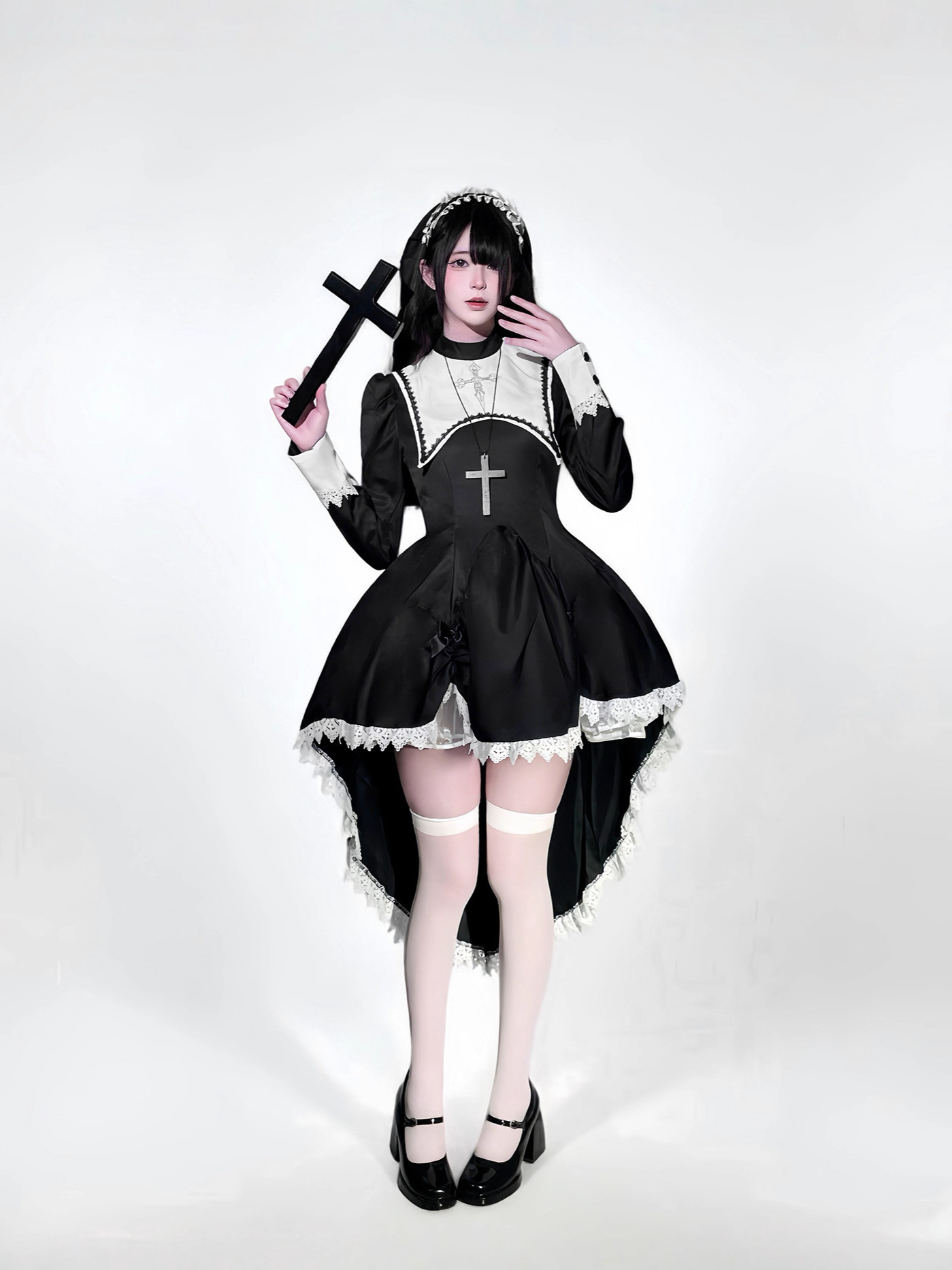고딕 스타일 어두운 자수 십자가 할로윈 수녀 의상 코스 - Anime Cosplay Nun 리뷰 및 가격