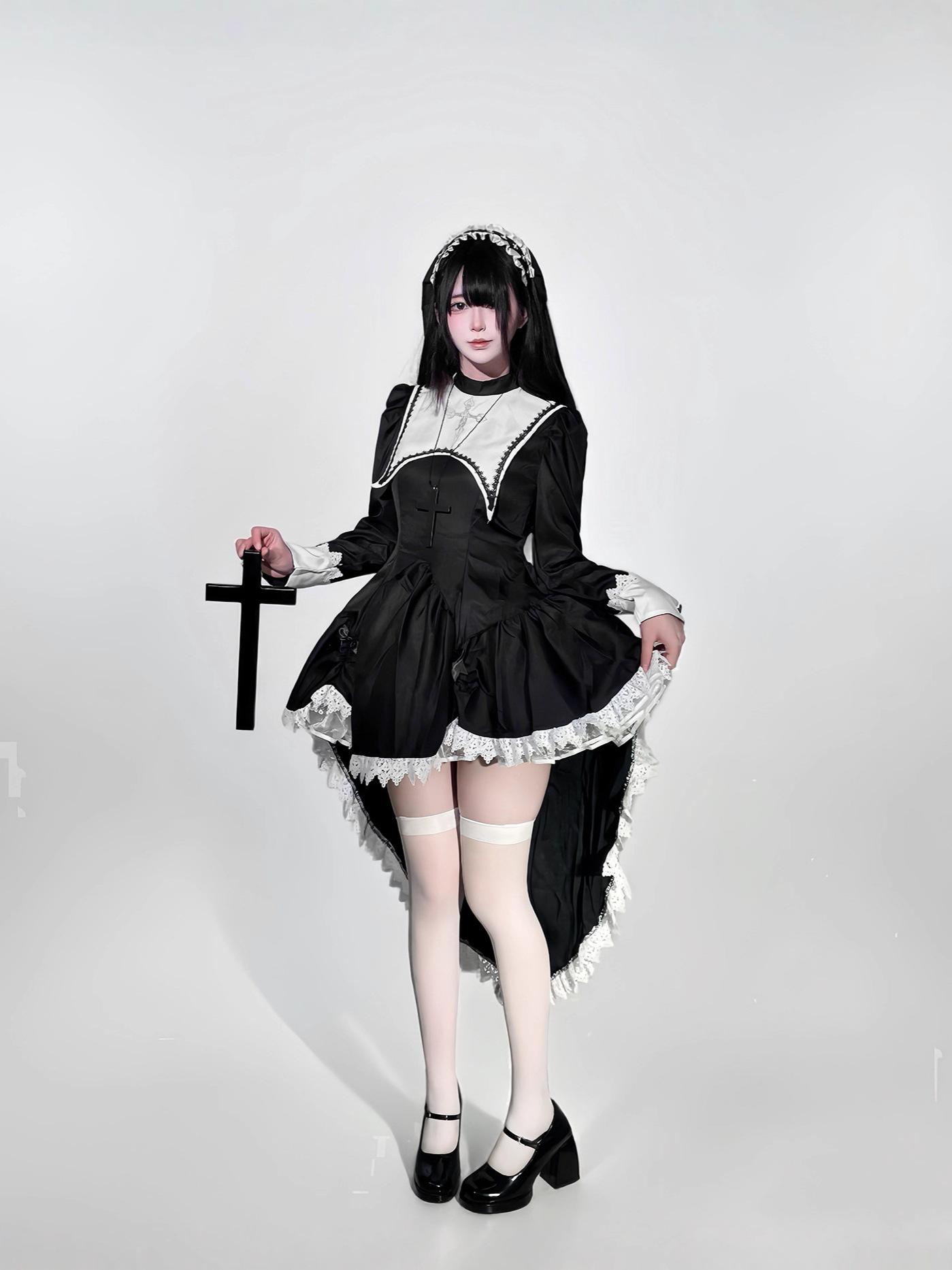 고딕 스타일 어두운 자수 십자가 할로윈 수녀 의상 코스 - Anime Cosplay Nun 리뷰 및 가격